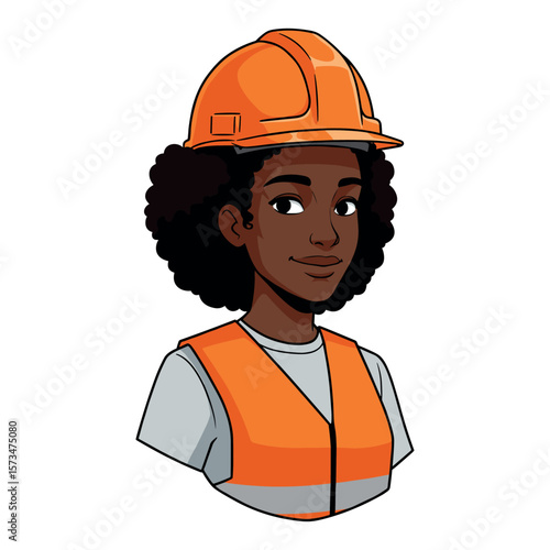 Confident african female young engineer in safety gear smiling – stock vector in colorful flat style