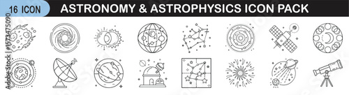 Astronomy and Astrophysics Icon Set for Science Projects - Line icon pack of 15 illustrations focused on astronomy, astrophysics, space science, constellations, telescopes, and cosmic structures.
