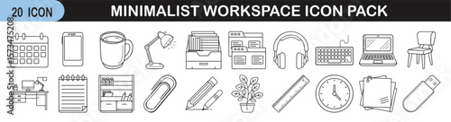 Minimalist Workspace Icon Set for Office Design - Clean and modern icon pack of 20 thin-line illustrations showing essential desk items, tech tools, and office supplies for work environments.
