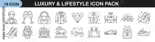 Luxury and Lifestyle Icon Set for Premium Themes - Elegant icon pack of 18 thin-line illustrations representing luxury goods, upscale fashion, travel, jewelry, and high-end living symbols.
