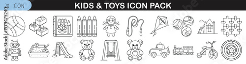 Kids and Toys Line Icon Set for Playtime Themes - Fun and playful icon pack of 20 thin-line illustrations featuring toys, games, playground equipment, and children's activities for design use.
