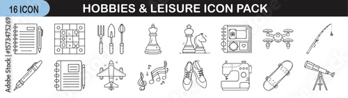 Hobbies and Leisure Activities Line Icon Set - Pack of 18 thin-line icons featuring various hobbies and leisure activities such as crafts, games, music, flying, fishing, and stargazing.
