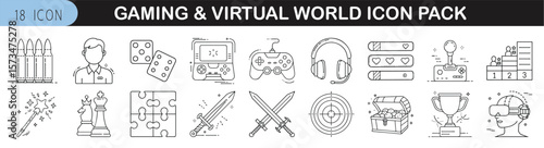 Gaming and Virtual World Icon Set - Icon pack of 18 thin-line illustrations representing gaming elements, virtual reality, esports, controllers, characters, weapons, and rewards.
