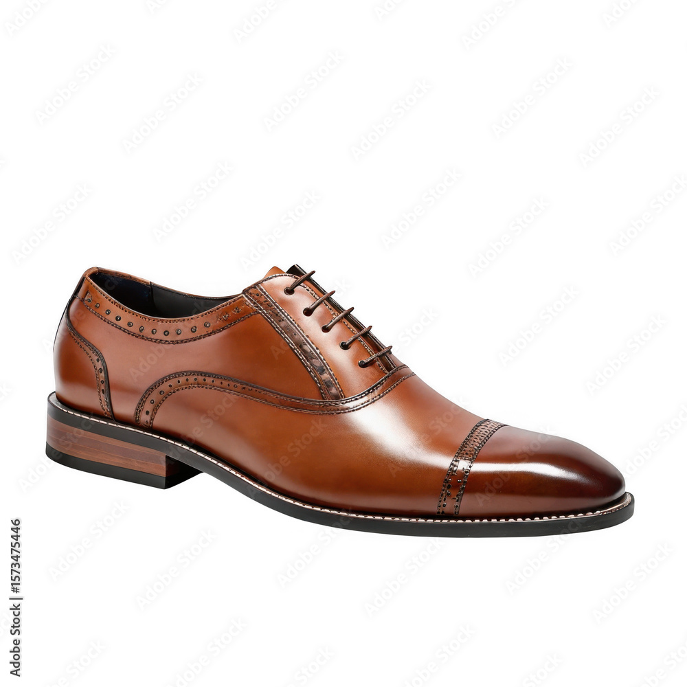 Classic brown leather oxford dress shoe with brogue detailing isolated on transparent background Classic brown leather oxford dress shoe with brogue detailing isolated on transparent background