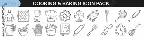Cooking and Baking Icon Set for Kitchen Design - Collection of 20 thin-line icons showing essential cooking and baking tools, ingredients, utensils, and kitchenware for culinary visuals.
