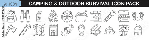 Camping and Outdoor Survival Icon Collection - Set of 20 line-style icons representing camping gear, survival tools, and outdoor essentials for adventure and nature design projects.