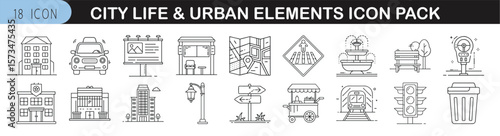 City Life and Urban Icon Set for Design - Urban-themed icon pack with 18 thin-line illustrations of city elements like transport, shops, signs, and public spaces.
