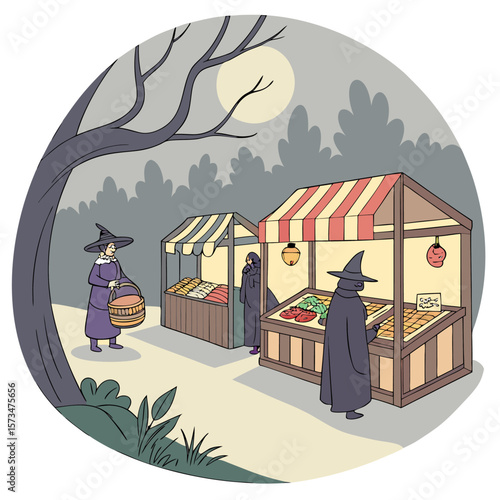 A witch visiting a night market with stalls under a full moon in a forest with a basket in her hand