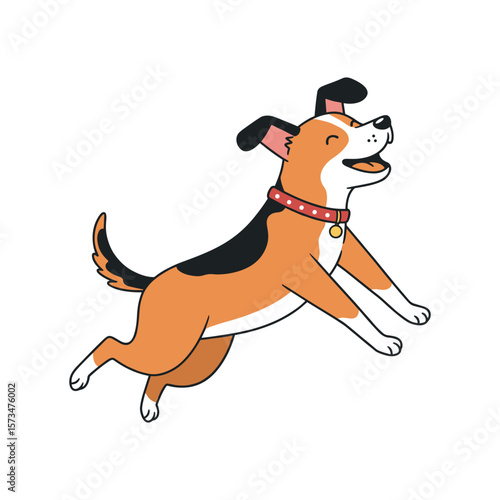 Cartoon beagle dog joyfully jumping with red collar – stock vector in colorful flat style
