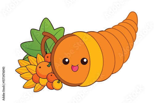 Cheerful Kawaii Thanksgiving Cornucopia Illustration