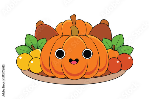 Cheerful Kawaii Thanksgiving Centerpiece Illustration