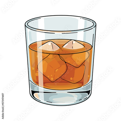 Glass of whiskey with ice cubes – stock vector in colorful flat style