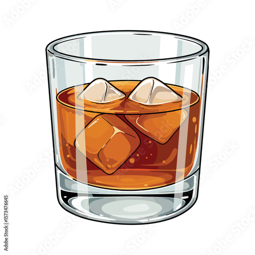 Glass of whiskey with ice cubes – stock vector in colorful flat style