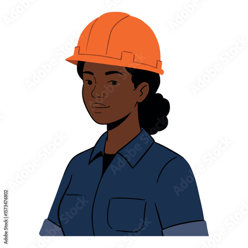Confident african female engineer in orange hard hat and blue workwear – stock vector in colorful flat style
