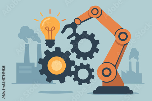 Industrial automation and technology concept. A robotic arm assembles cogwheels with a lightbulb idea. Factory production, development process, engineering, innovation metaphor.