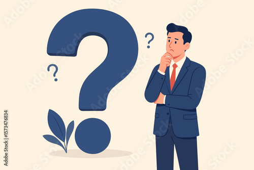 Businessman thinking with big question mark. Man solving problem, finding solution. Doubt, uncertainty, dilemma concept. Difficult choice or decision making for business.