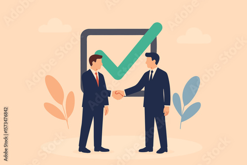 Businessmen shaking hands. Successful deal and agreement concept. Partnership and cooperation. Business handshake after good deal. Approved contract with check mark symbol.