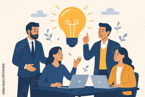 Business team brainstorming idea. Teamwork collaboration in office meeting for creative solution. People group discussion with lightbulb for innovation, strategy and success.