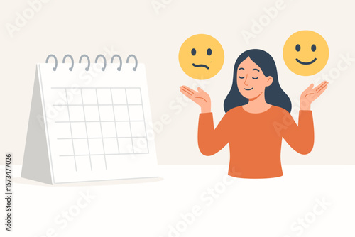 Emotional intelligence concept. Woman balancing happy and sad emoji faces. Mood tracking calendar for self-awareness and mental health. Emotion control and psychology vector.