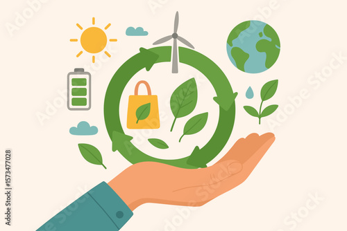 Circular economy and sustainability concept. Ecology with reusable resource. Green energy and eco friendly product. Recycle material for environment protection and climate change.