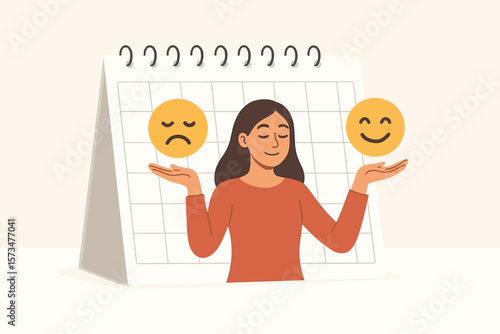 Emotional intelligence concept. Woman balancing happy and sad emoji. Mood swing and feeling control. Mental health and psychology. Self awareness and emotional balance symbol.