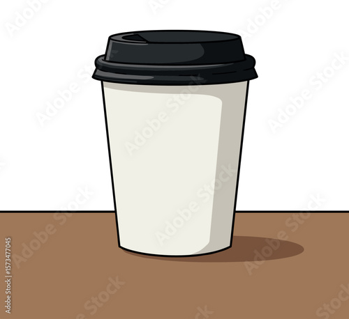 Simple disposable coffee cup illustration on brown surface – stock vector in colorful flat style