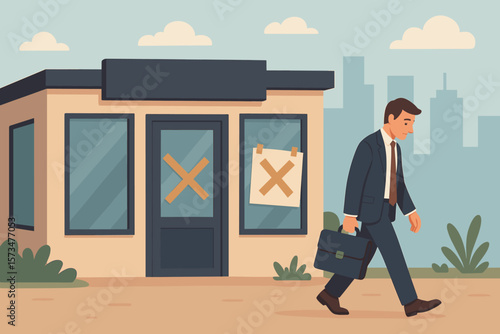 Businessman walking away from closed store. Business closure, going out of business. Company shutdown due to bankruptcy, recession, or economic crisis. Job loss concept.