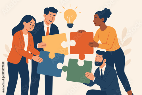Business teamwork collaboration concept. Diverse people connecting puzzle. Team problem solving for success. Metaphor for innovation, partnership, strategy, and unity idea.