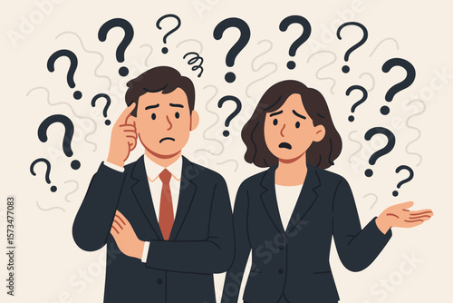 Confused business people with question marks. Man and woman thinking about a problem. Coworkers feeling uncertainty and doubt. Business dilemma, challenge, and solution concept.