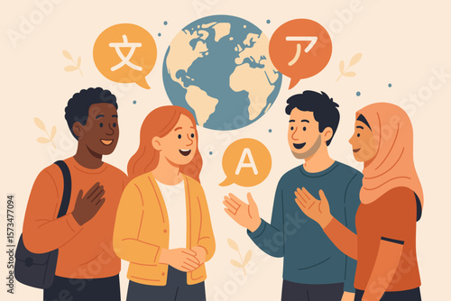 Global Language Exchange Meeting Diverse People Communicating Multilingual Conversation Concept, International Dialogue, Cultural Diversity, Language Learning, World Communication