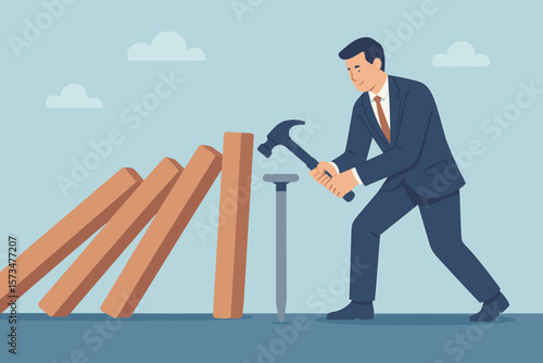 Business continuity and recovery plan. Crisis management. Proactive businessman stopping the domino effect. Risk prevention and protection from disaster strategy concept.