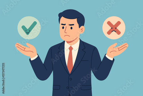Business decision right or wrong. True or false choice. Correct and incorrect moral option concept. Thoughtful businessman comparing check mark and cross mark symbols.