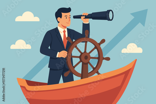 Business leadership visionary for company success. Career direction, work achievement concept. Businessman as boat captain steering helm looking to future growth with telescope.