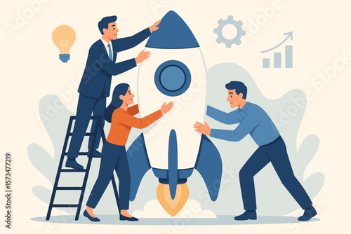 Startup launch teamwork concept. Business people collaboration for success. Metaphor of building a rocket for innovation, growth and new project development. Teamwork support.