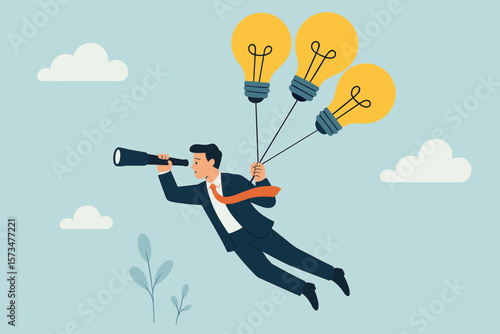 Business ideas, creativity, innovation. Businessman with lightbulb balloons searching for success. Finding solutions, visionary imagination, and new opportunity concepts.