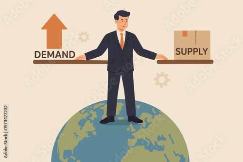 Demand vs supply balance concept. World economic supply chain problem. Market pricing model for goods and services. Businessman balancing seesaw on globe. Inflation metaphor.