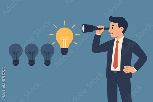 Businessman with a telescope finds a bright lightbulb idea. Concept for innovation, finding an opportunity for success, career vision, creative solution, and business strategy.