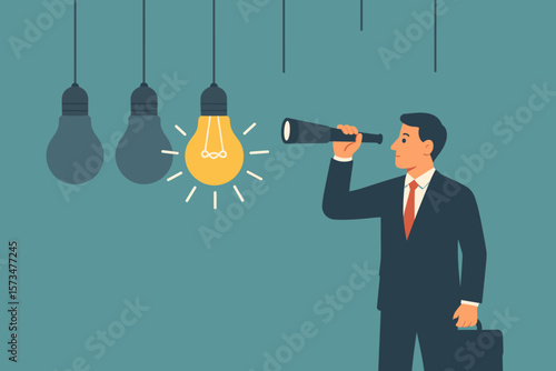 Businessman with telescope discovers bright idea. Metaphor for finding opportunity, innovation, career vision, business strategy, success, passion, creativity, and discovery.