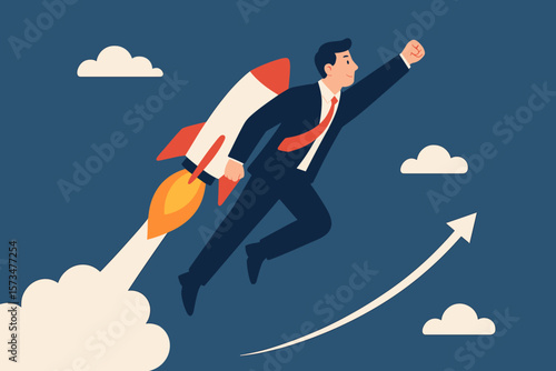 Business takeoff, career boost and success concept. Businessman with rocket booster flying up fast. Leadership, ambition for advantage. New job, innovation and growth metaphor.