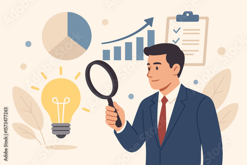 Business idea validation. Market research for viability. Businessman checking success possibility. Evaluate profitable strategy. Growth potential analysis. Financial data.