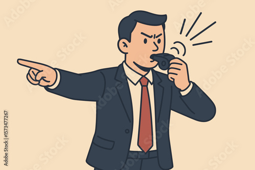 Business whistleblower concept. Man in a suit blows the whistle, pointing out corporate misconduct and corruption. Revealing secret information, fraud, and illegal activity. Alert.