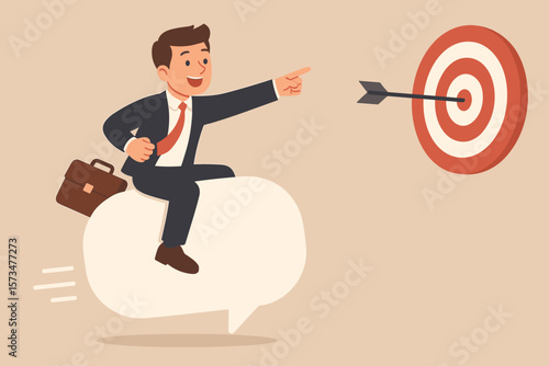 Effective communication for business success. Leader sending message or announcement to reach goal. Businessman riding speech bubble to hit target. Dialog for achievement.