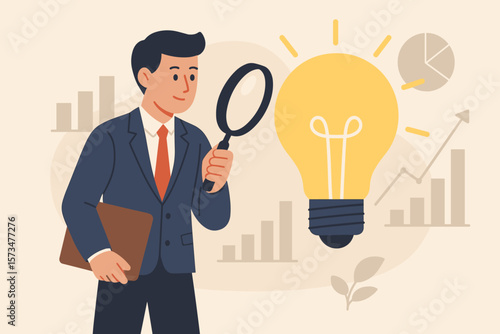 Business idea validation. Market research for startup viability. Businessman with magnifier evaluates profit potential. Concept for innovation, strategy, success and growth.