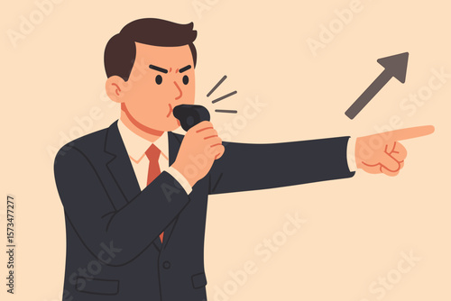 Business whistleblower concept. Man blowing whistle, exposing corporate misconduct. Person illegally discloses information. Corruption alarm, pointing finger to signal wrongdoing.