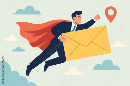 Email marketing campaign concept. Businessman superhero flying to recipient with big letter. Fast message delivery service. Communication, subscription, information sending.