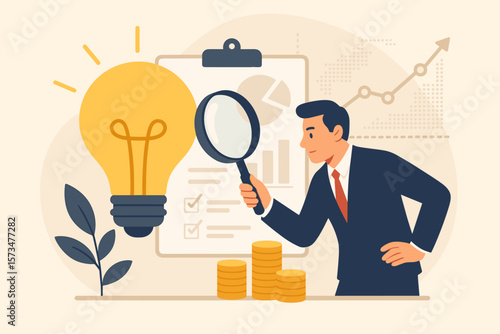 Business idea validation and viability check. Businessman with magnifying glass analyzes a lightbulb. Market research for profit, success, and growth. Entrepreneur concept.