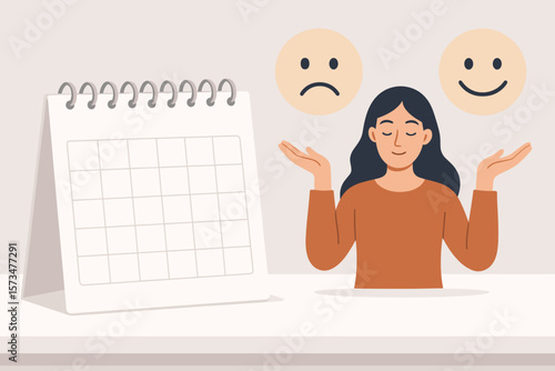 Emotional intelligence concept, mood tracker calendar. Woman balancing happy and sad emotion. Mental health, psychology, bipolar disorder, pms and mood swing metaphor.