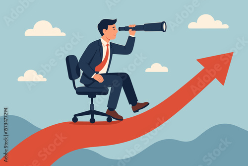 Career future and new job opportunity. Visionary to success in work concept. Businessman riding office chair on growth arrow using telescope to see the way forward. Looking ahead.