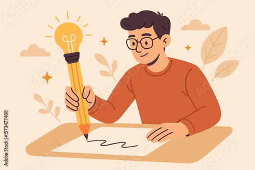 Copywriter or blogger with a creative idea. Inspiration for writing and imagination for success at work. Talent and skill concept. Smart man using a big pencil lightbulb.