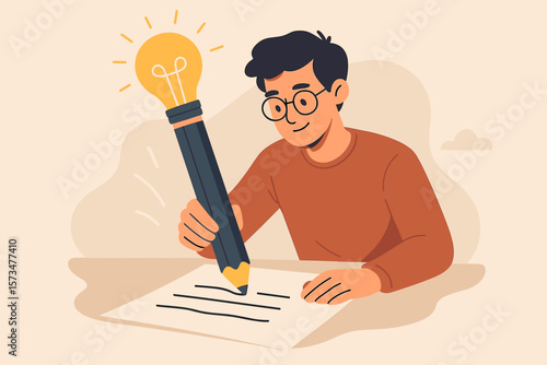 Copywriter or blogger with a creative idea. Man with pencil lightbulb writing concept. Vector for inspiration, imagination, storytelling, content creation, author and success.